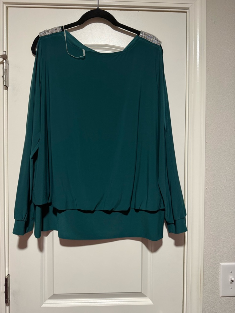 Dress Barn Teal Blouson Top with Jeweled Shoulders
